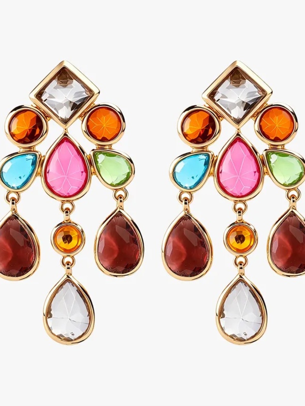 Zara Colorful Rhinestone Dangle Geometric Art Deco Vintage Gold Fancy Earrings